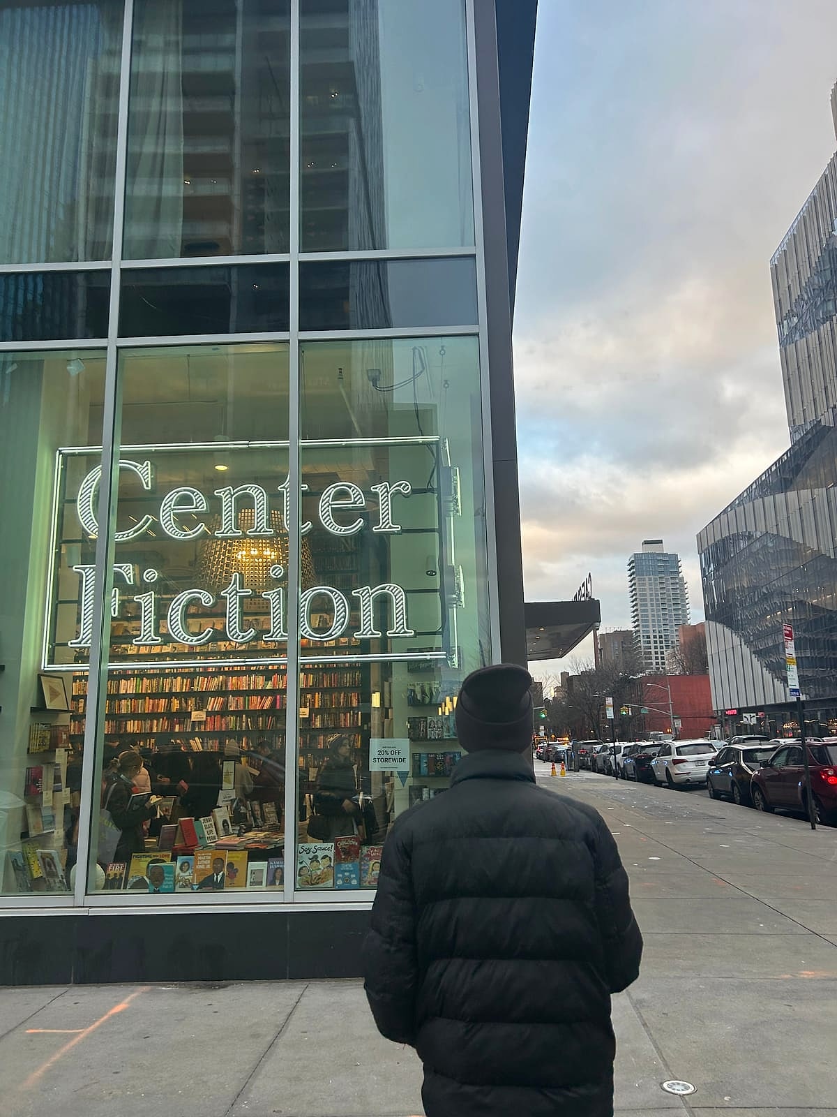 The glass storefront of the Center for Fiction bookstore