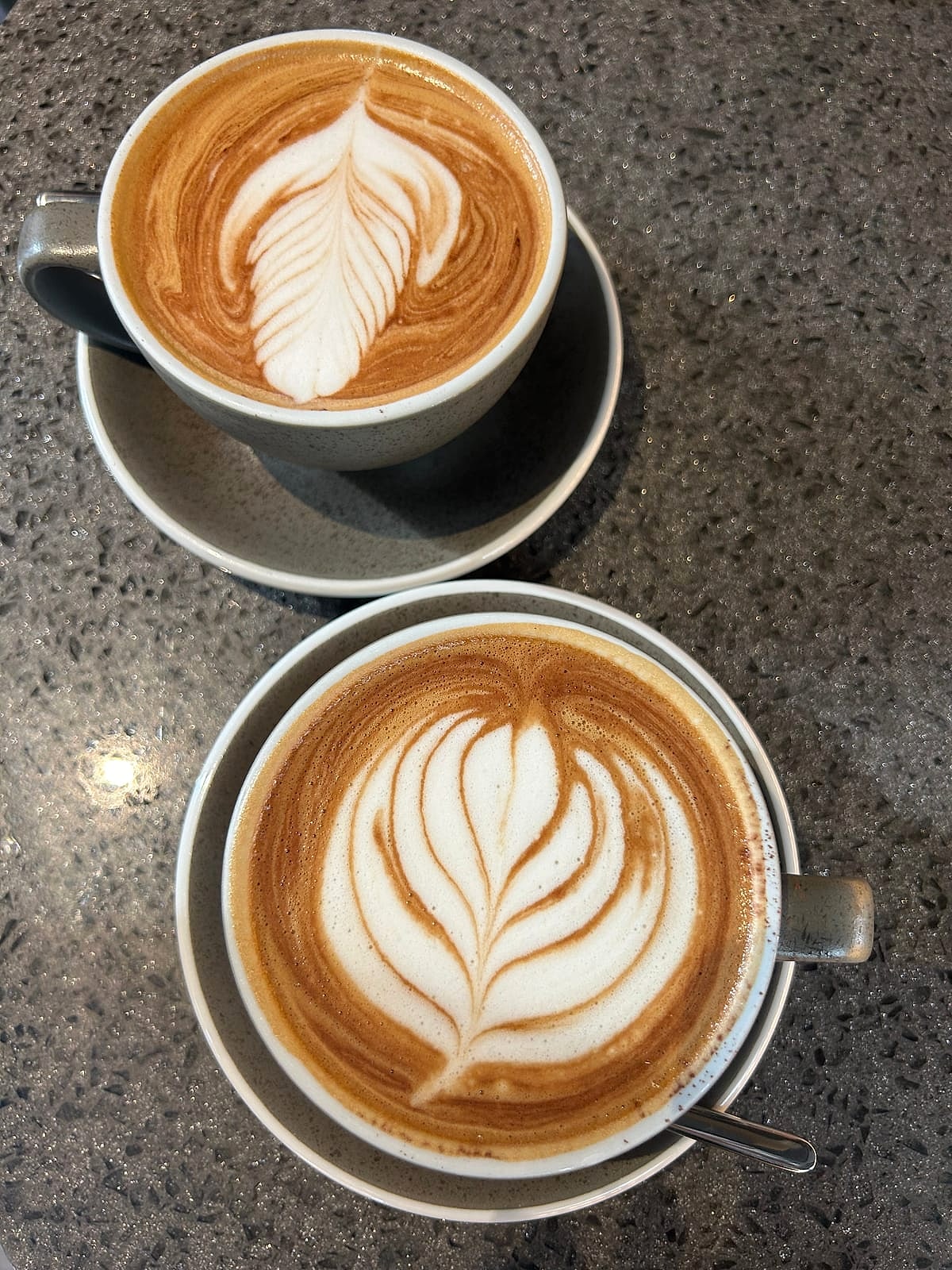 Two lattes with leaf latte art on a gray marble counter