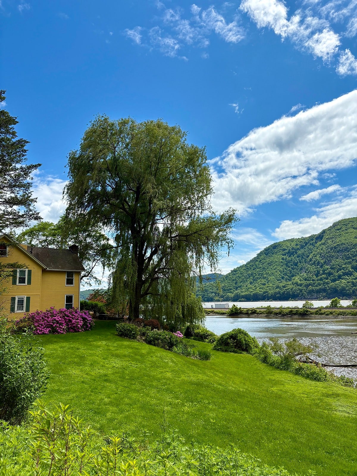 A yellow house and weeping willow on a green lawn beside the Hudson, with mountains behind