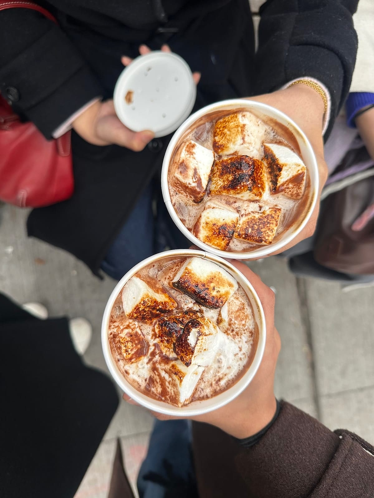Two hot chocolates topped with toasted marshmallows