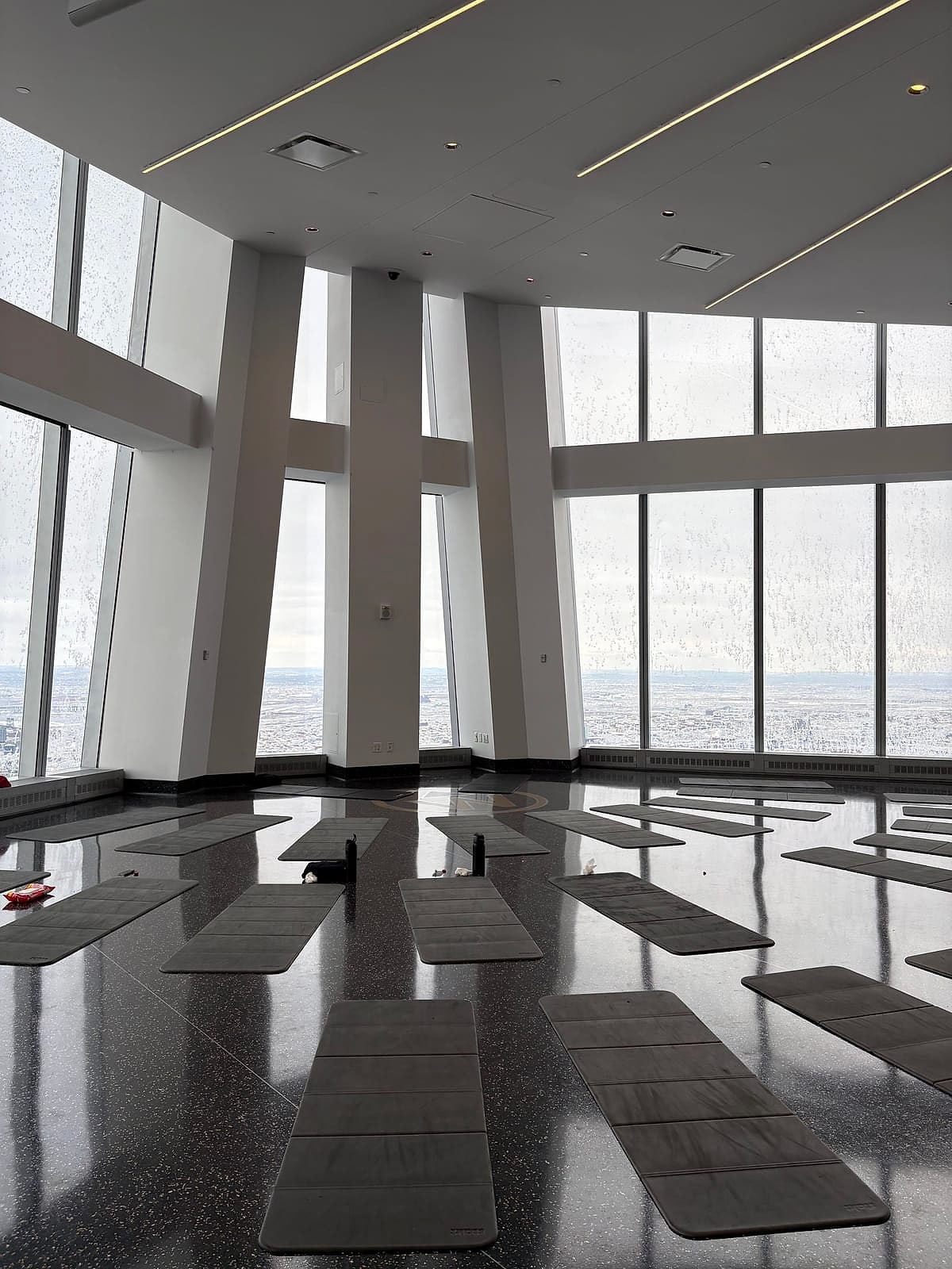 Yoga mats laid out in a bright room with floor-to-ceiling windows