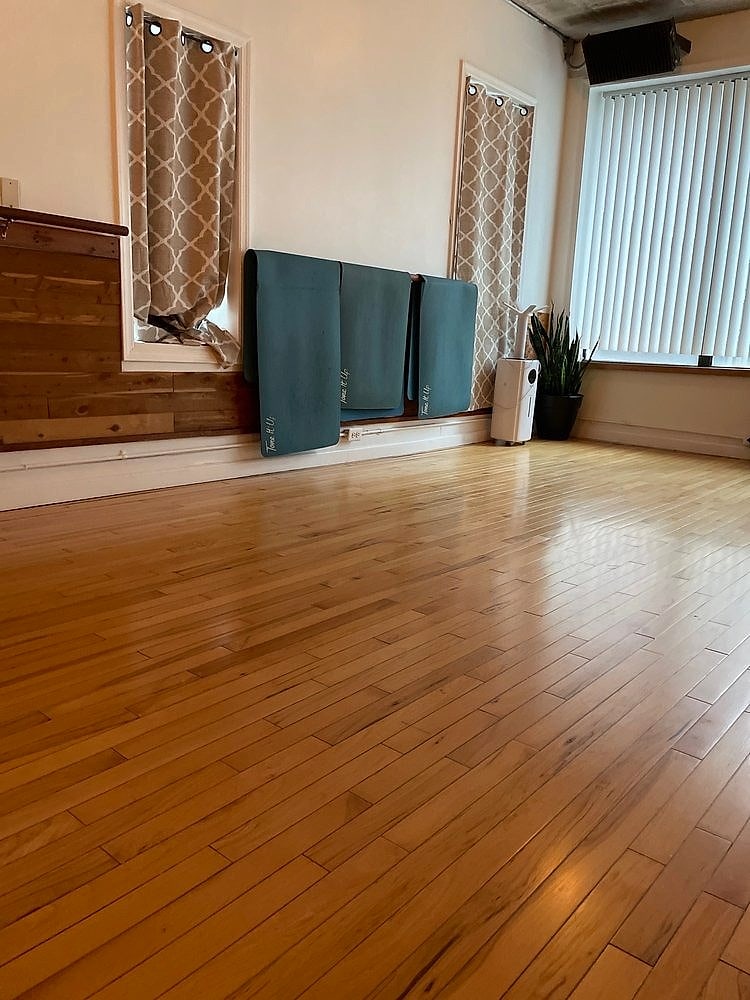 An empty studio with honey-colored wood floors, rolled mats and a plant by the window