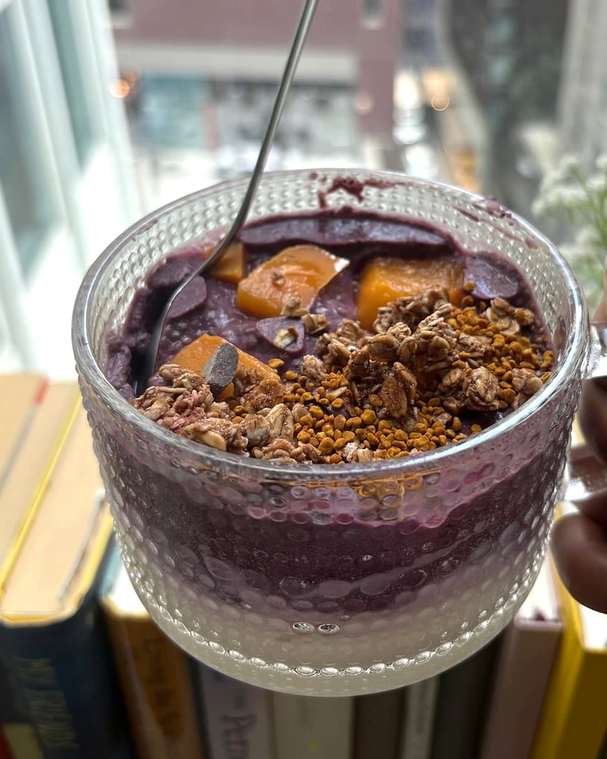 A layered berry chia pudding topped with granola, fruit and bee pollen, held up by a window